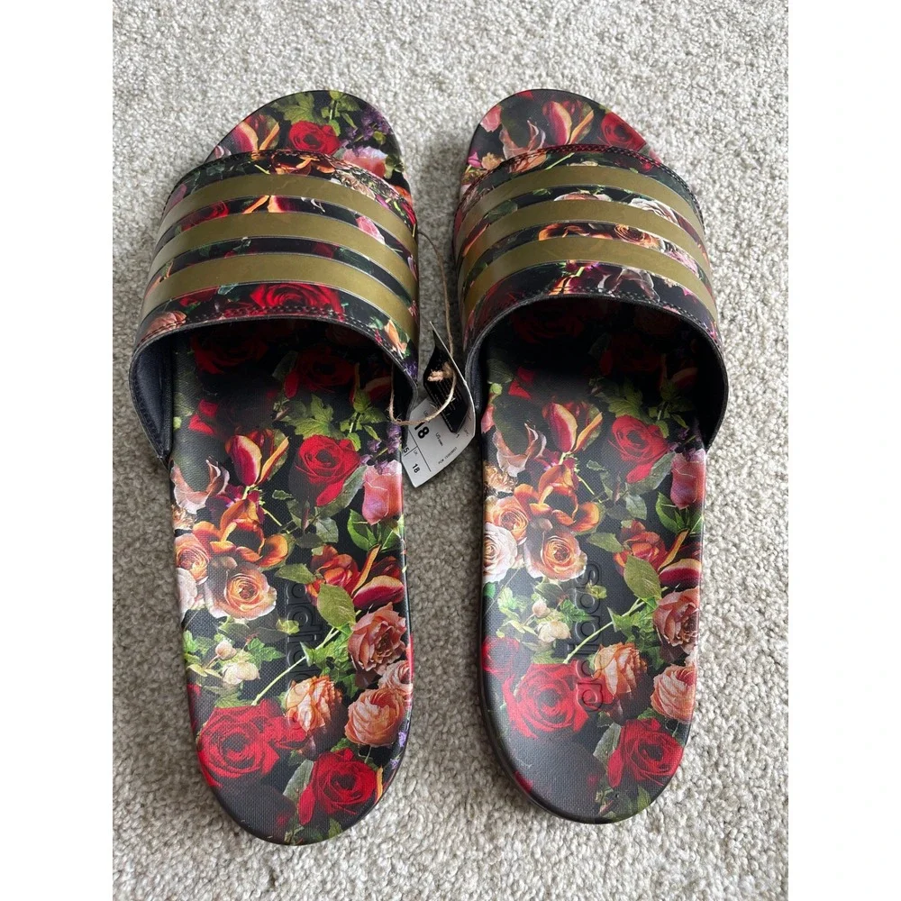 Adidas Adilette Comfort Slides Mens 18 Floral Rose Gold Stripes Sandals EG1850